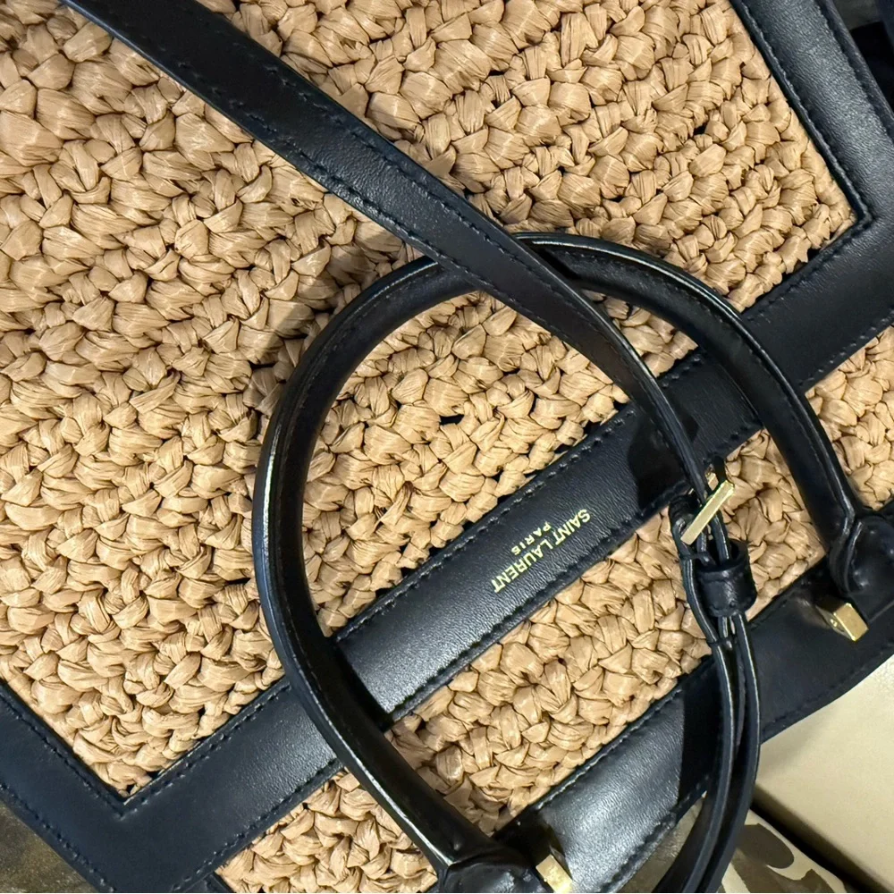 Saint Laurent woven raffia  and black calfskin leather handbag NWOT *FIRM* - Picture 5 of 10